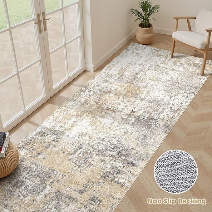 Runner Rug Kitchen Washable Rugs: 3x8 Non-Slip Abstract Soft Modern Stain Resistant Indoor Floor Neutral Accent Throw Carpet for Hallway Bathroom Laundry Room Entryway Bedroom- Gray Gold