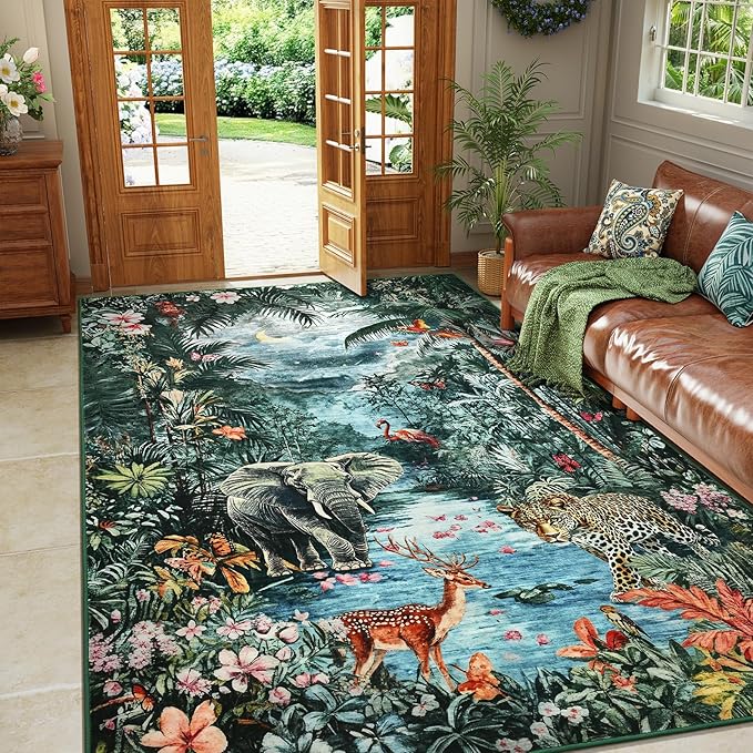 Amearea Jungle Print 5x7 Area Rug for Living Room, Washable Forest Animal Rugs for Bedroom, Low Pile Kids Nursery Room Rug, Leopard Rug Carpet for Boys Girls Playroom Dining Room Decor, Dark Green