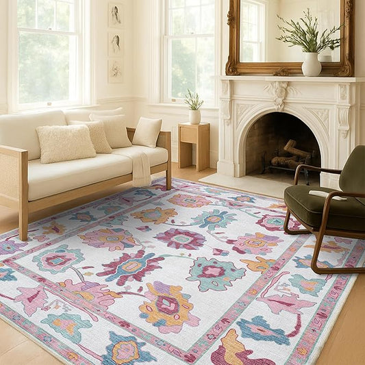 Fame Living Pink Oushak Rug, Modern, Vintage, Turkish, Eclectic, Floral, Pastel, Washable, Area Rugs for Living Room, Dining, Bedroom, Nursery, Girls, Boys, 5'9"x8'9"