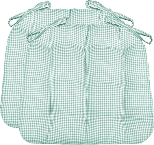 Barnett Home Decor Dining Chair Cushions with Ties, 16.5 x 18 Inches, Pack of 2 – Machine Washable, Made in USA with 100% Cotton and Plush Latex Foam Fill – Madrid Aqua Gingham Check