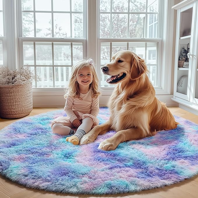 ONASAR Rainbow Round Area Rugs 6ft, Fluffy Soft Bedroom Circle Rug for Kids Girls Boys Teen Room, Plush Shaggy Floor Carpet Mats for Dorm Nursery Living Room Playroom Home Decor Aesthetic