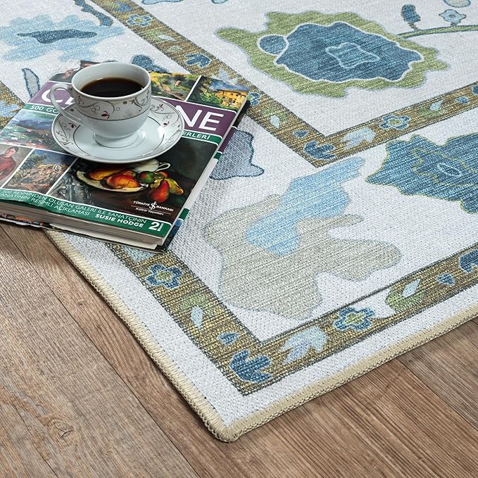 Fame Living Green Oushak Rug, Modern, Vintage, Turkish, Eclectic, Floral, Pastel, Washable, Large Area Rugs for Living Room, Dining, Bedroom, Girls, Boys, 7'5"x9'8"