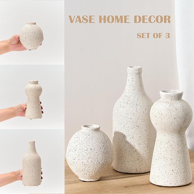 Ceramic Vase Set of 3 for Home Decor, Handcrafted Sesame Dot White Rustic Terracotta Vases, Vintage Farmhouse Decor, Minimalist Decorative Vases for Table Centerpiece Fireplace Nightstand Decoration