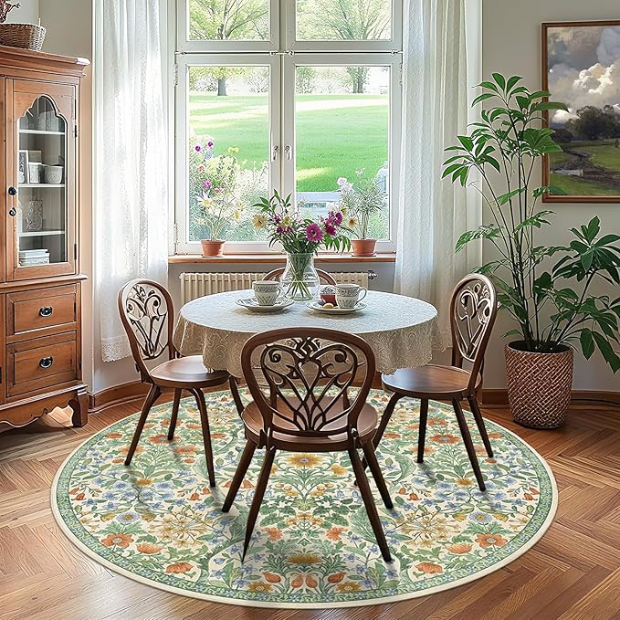 Round Rug 6ft Grass Green Washable Floral Circle Rug,Vintage Boho Botanical Round Area Rugs, Non-Slip Soft Low-Pile Circular Carpet for Bedroom,Kids Room,College Dorm,Home Decor