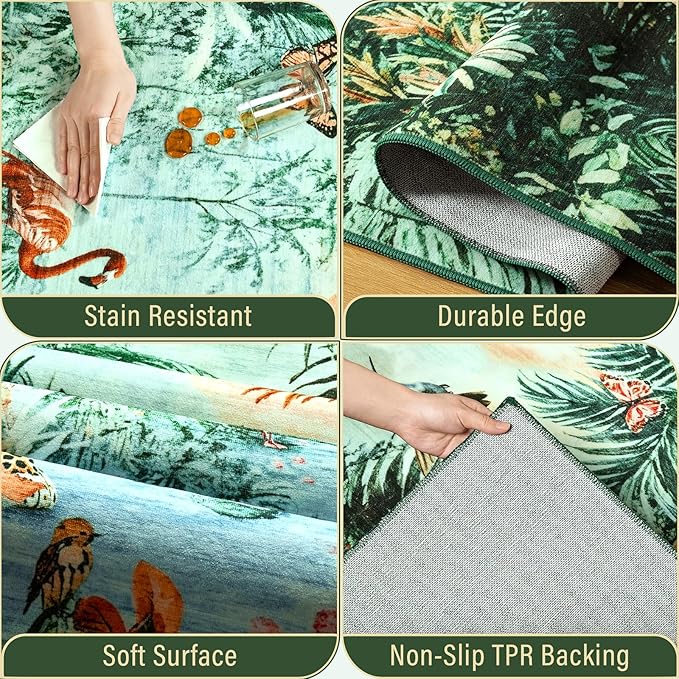 Amearea Jungle Print Small Area Rug for Living Room, Soft 3x5 Feet Washable Green Rugs for Bedroom, Forest Animal Rug Low Pile Kids Nursery Room Rug Carpet for Boys Girls Playroom Nursery Office Decor