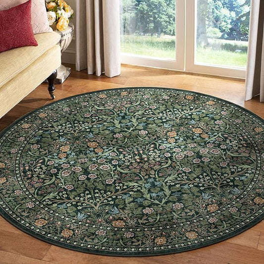 Green Round Rugs 6ft - Soft Washable Boho Floral Bedroom Circle Rug Stain Resistant Botanical Dining Room Rugs for Under Round Table Vintage Area Rug for Living Room Office Kid Room