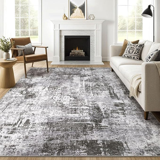 10x12 Area Rug Living Room: Washable Large Abstract Modern Soft Rugs Stain Resistant Indoor Floor Non Slip Accent Carpet for Bedroom Nursery Playroom Office Dining Room Dorm Home House- Black Gray