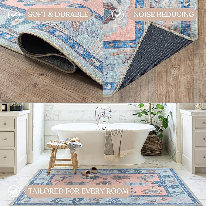 Fame Living Modern Oushak Rug, Vintage, Turkish, Eclectic, Floral, Pastel, Washable, Area Rugs for Living Room, Dining, Bedroom, Nursery, Girls, Boys, 5'9"x8'9"