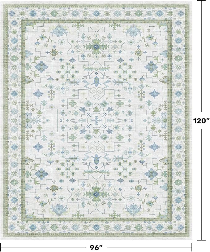 Blue and Green Living Room Rug 8x10 - Cream Oushak Vintage Boho Floral Farmhouse, Washable Low Pile Non-Slip Extra Large Area Rugs for Bedroom, Girls, Boys, Playroom, Lounge
