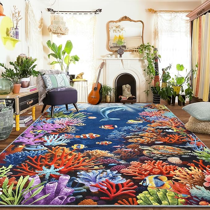 Amearea Soft Kids Rugs for Toddler Bedroom Playroom Classroom, Colorful Sea World 6x9 Area Rug, Non-Slip Washable Play Mat Nursery Rug, Fish Coral Reef Ocean Theme Carpet for Boy Girl Room Decor, Blue