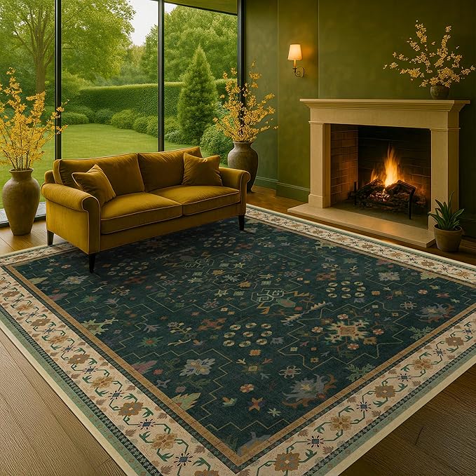 Dark Green Vintage 7x10 Washable Rugs for Living Room - Dark Academia Victorian Floral Geometric Bedroom Rug, Ultra Soft Thin Low Pile Non-Slip Large Rugs for Lounge