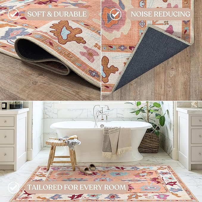 Fame Living Orange Oushak Rug, Modern, Vintage, Turkish, Eclectic, Floral, Pastel, Washable, Large Area Rugs for Living Room, Dining, Bedroom, Girls, Boys, 7'5"x9'8"