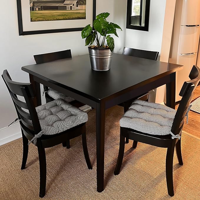 Barnett Home Decor Dining Chair Cushions with Ties – Size Small 15 x 17 - Latex Foam Fill, 100% Cotton, Machine Washable Chair Pads for Kitchen Chairs, Made in USA (Madrid Black/Pack of 2)