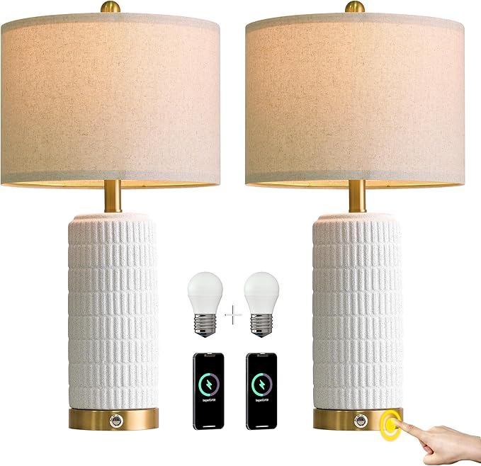 PoKat Touch Bedside Table Lamps with USB Ports for Bedroom, 25'' Dimmable Nightstand Touch Lamps for Night Stands, White Stone-Like Ceramic Lamps with Gold Base for Living Room End Side Table