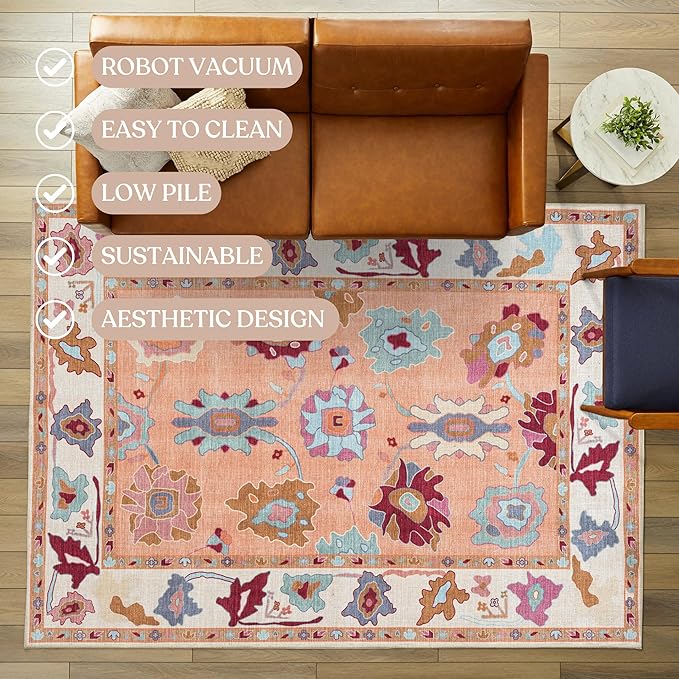 Fame Living Orange Oushak Rug, Modern, Vintage, Turkish, Eclectic, Floral, Pastel, Washable, Large Area Rugs for Living Room, Dining, Bedroom, Girls, Boys, 7'5"x9'8"