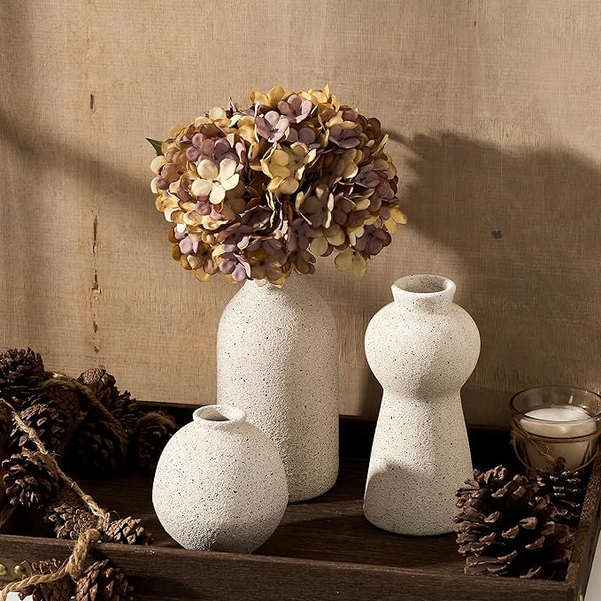 Ceramic Vase Set of 3 for Home Decor, Handcrafted Sesame Dot White Rustic Terracotta Vases, Vintage Farmhouse Decor, Minimalist Decorative Vases for Table Centerpiece Fireplace Nightstand Decoration