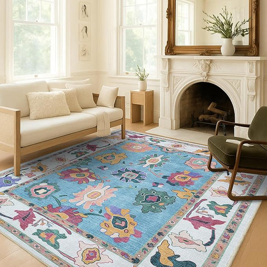 Fame Living Colorful Oushak Rug, Modern, Vintage, Turkish, Eclectic, Floral, Pastel, Washable, Area Rugs for Living Room, Dining, Bedroom, Nursery, Girls, Boys, 5'9"x8'9"