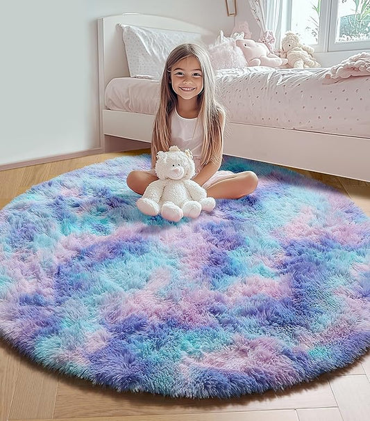 ONASAR Rainbow Round Area Rug 4ft, Soft Bedroom Circle Throw Rugs for Kids Girls Boys Teen Dorm Room, Fluffy Plush Shaggy Carpet Mats for Nursery Living Room Playroom Home Decor Princess Castle