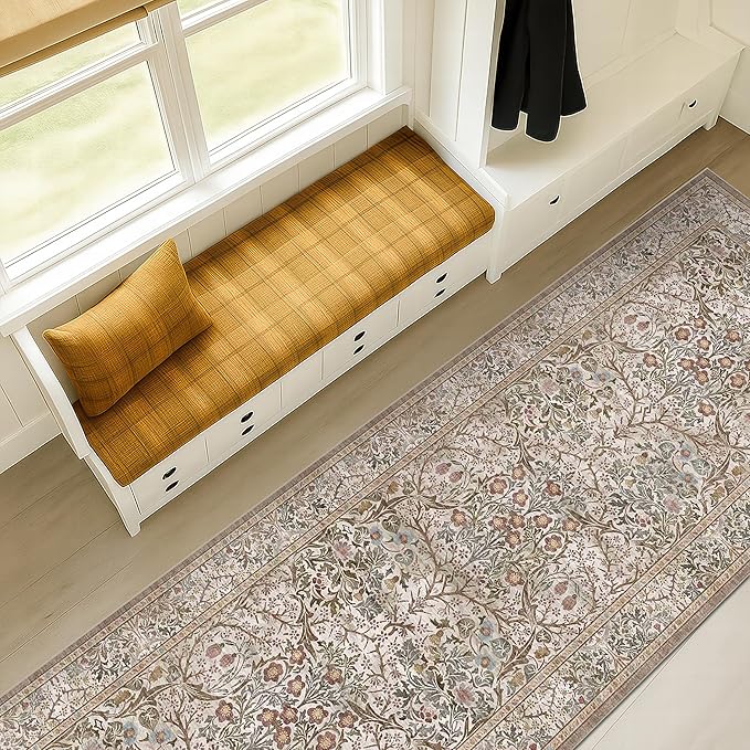 Moss Green 2'6" x 10' Long Runners for Hallways Non Slip, Vintage Washable Rugs for Kitchen, Entryway Stain Resistant with Rubber Backing - Vintage Taupe Brown Floral Décor