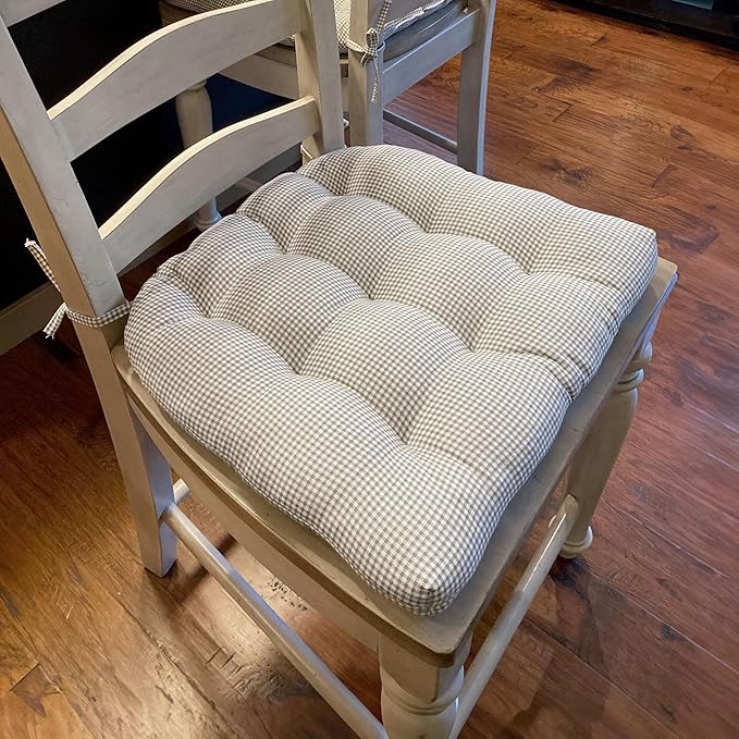 Barnett Home Decor Dining Chair Cushions with Ties – Size Small 15 x 17 - Latex Foam Fill, 100% Cotton, Machine Washable Chair Pads for Kitchen Chairs, Made in USA (Madrid Grey/Pack of 2)