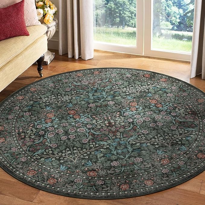 Boho Round Rugs 6ft - Soft Washable Black Green Floral Bedroom Circle Rug Stain Resistant Botanical Dining Room Rugs for Under Round Table Vintage Area Rug for Living Room Office Kid Room