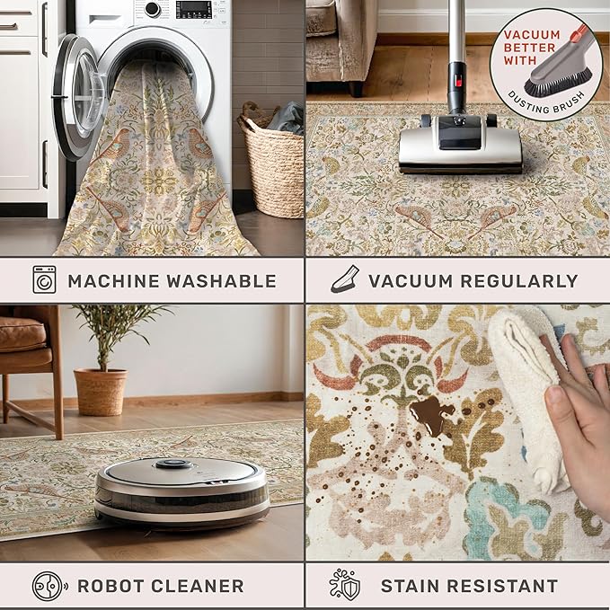 Large Entryway Rugs Indoor - Beige 3x5 Washable Rugs for Kitchen Bedroom Beside Bed Door Mat Indoor Entrance with Light Beige Woodland Flowers, Non Slip Stain Resistant Low Pile