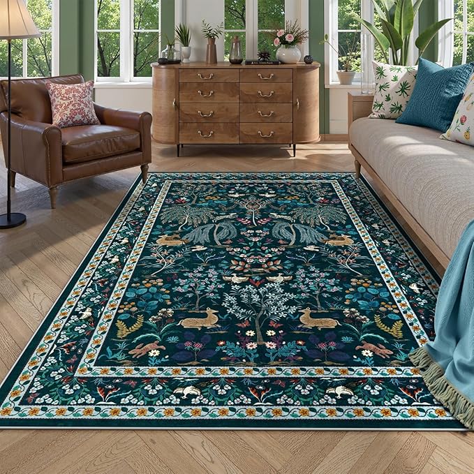 OJIA Living Room Rug 5x7 Area Rug, Soft Washable Rugs for Bedroom Ultra-Thin Non-Slip Floral Animal Print Carpet Stain Resistant Nursery Rug for Kids Playroom Classroom Dining Room, Blue