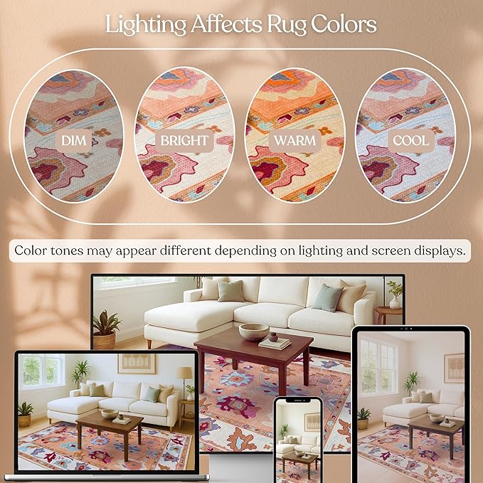 Fame Living Orange Oushak Rug, Modern, Vintage, Turkish, Eclectic, Floral, Pastel, Washable, Large Area Rugs for Living Room, Dining, Bedroom, Girls, Boys, 7'5"x9'8"