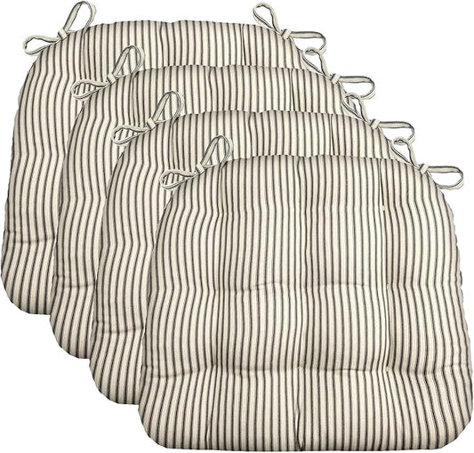 Barnett Home Decor Chair Cushions for Dining Chairs - 15x17 Kitchen Chair Cushions - Machine Washable, 100% Cotton, Made in USA - Latex Foam Comfort Chair Pads - Ticking Stripe Black Small Pack of 4