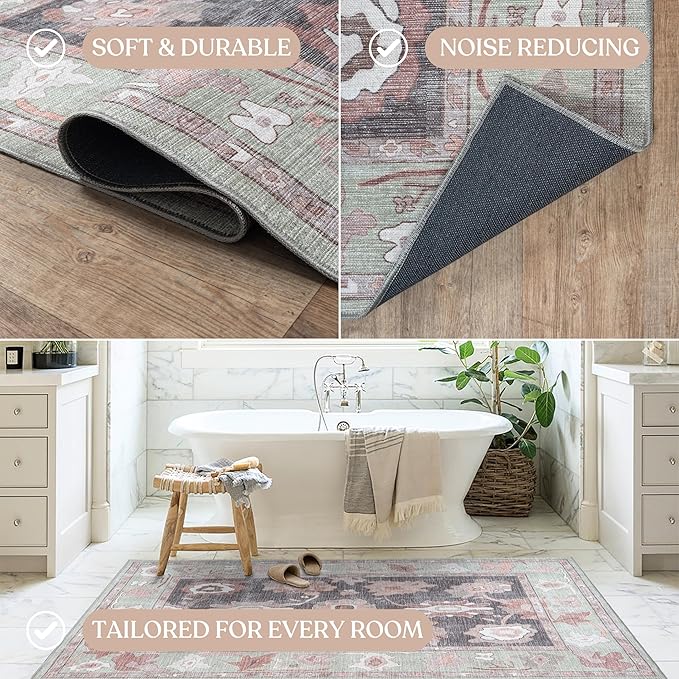 Fame Living Green Oushak Rug, Modern, Vintage, Turkish, Eclectic, Floral, Pastel, Washable, Large Area Rugs for Living Room, Dining, Bedroom, Girls, Boys, 7'5"x9'8"