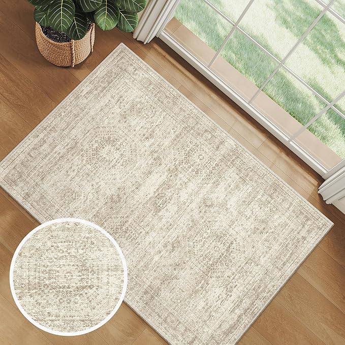 2x3 Washable Rugs for Kitchen, Floor, Entryway, Powder Room Small Area Rug Non-Slip Vintage Low Pile Throw Door Mat Beige