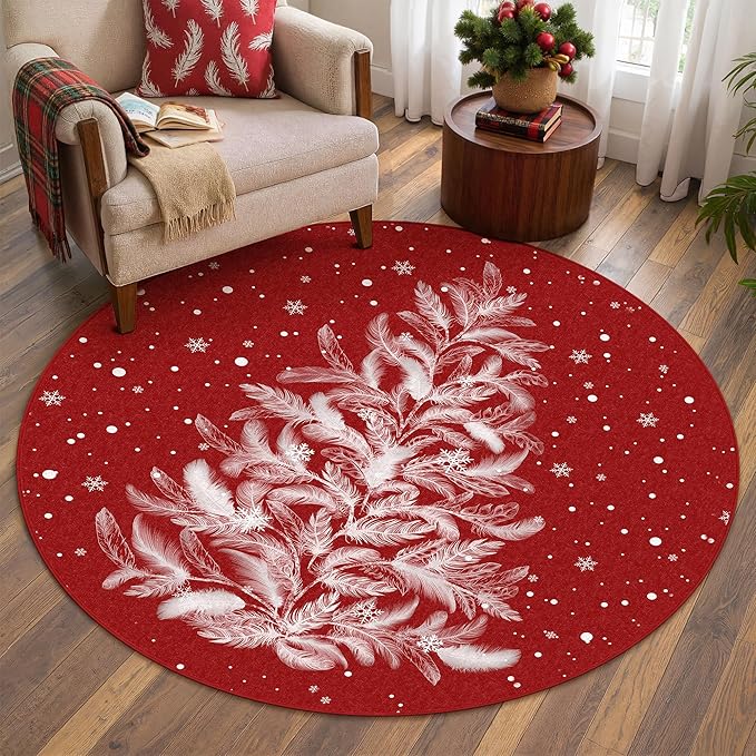 Christmas Round Rug 4ft Red Washable Non-Slip Round Circle Rug Funny Christmas Tree Carpet for Living Room Bedroom Dining Room Playroom Nursery