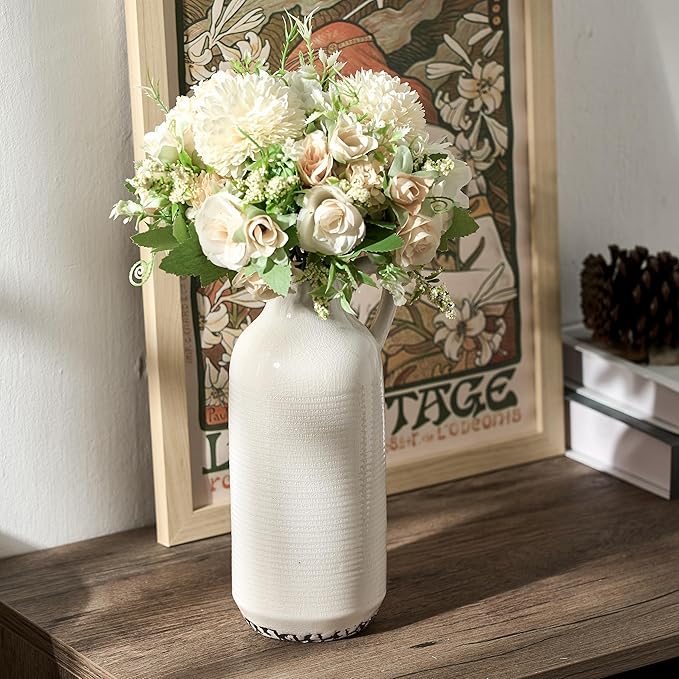 Ceramic Vase for Home Decor, Ice Crackle Aged White Vintage Vase with Handle, Decorative Flower Vase for Farmhouse, Living Room, Table, Fireplace, Nightstand - Ice Crackle White