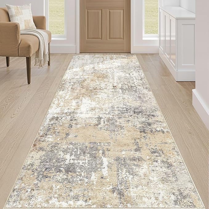Runner Rug Kitchen Washable Rugs: 3x8 Non-Slip Abstract Soft Modern Stain Resistant Indoor Floor Neutral Accent Throw Carpet for Hallway Bathroom Laundry Room Entryway Bedroom- Gray Gold