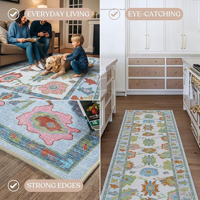 Fame Living Colorful Oushak Rug, Modern, Vintage, Turkish, Eclectic, Floral, Pastel, Washable, Large Area Rugs for Living Room, Dining, Bedroom, Girls, Boys, 7'5"x9'8"