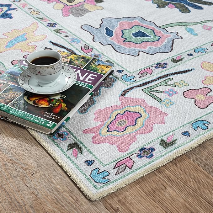 Fame Living Colorful Oushak Rug, Modern, Vintage, Turkish, Eclectic, Floral, Pastel, Washable, Area Rugs for Living Room, Dining, Bedroom, Nursery, Girls, Boys, 5'9"x8'9"