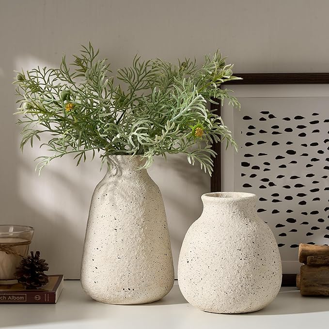 Ceramic Vase Set of 2 for Home Decor, Handcrafted Sesame Dot White Rustic Terracotta Vases, Vintage Farmhouse Decor, Minimalist Decorative Vases for Table Centerpiece Fireplace Nightstand Decoration