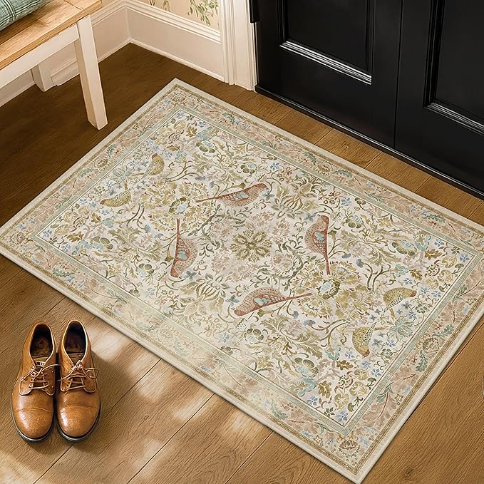 Large Entryway Rugs Indoor - Beige 3x4 Washable Rugs for Kitchen Bedroom Beside Bed Door Mat Indoor Entrance with Vintage Woodland Flowers, Non Slip Stain Resistant Low Pile