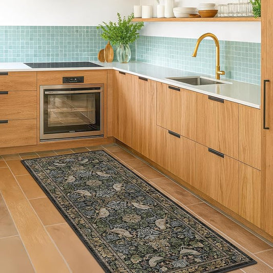 Floral Kitchen Runners - 2x5 Runner Rug for Hallway Bathroom Laundry Room Bedroom Beside Bed Entryway, Boho Birds Leaves Patterned Non Slip Low Pile Washable Rugs