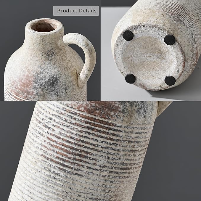 Ceramic Rustic Vase for Home Decor, Terracotta Vase with Handle, Handcrafted Vintage Decorative Flower Vase for Farmhouse, Living Room, Table, Fireplace, Nightstand - Natural Brown