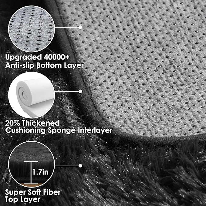 ONASAR Black Rugs for Bedroom, 3x5 Fluffy Bedside Small Area Rug, Washable Soft Plush Fuzzy Shaggy Indoor Floor Carpet for Living Room Nursery College Dorm Teen Kids Girls Boys Home Decor Aesthetic