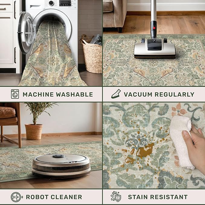 Sage Floral Kitchen Runners - 2x5 Runner Rug for Hallway Bathroom Laundry Room Bedroom Beside Bed Entryway, Boho Birds Leaves Patterned Non Slip Low Pile Washable Rugs