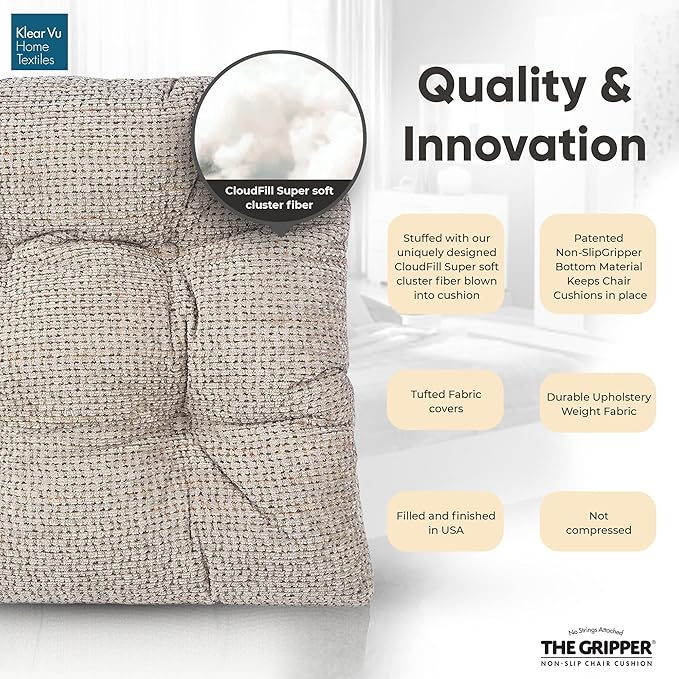 Klear Vu Gripper Overstuffed Universal Non-Slip Dining Chair Cushions for Kitchen Decor or Office Use, U-Shaped Skid-Proof Seat Pad, 15x15 Inches, 4 Count (Pack of 1), Waffle Graystone