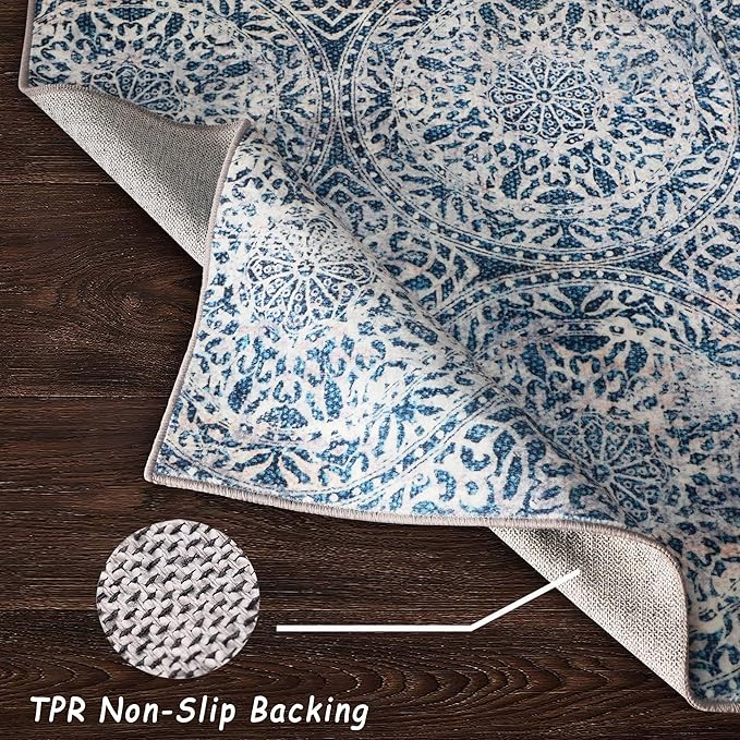 vivorug Round Rug 5ft Vintage-Inspired Round Area Rug Non-Slip Indoor Carpet for Living Room Bedroom Entryway, Stain Resistant Home Decor Circle Rug, Blue Medallion