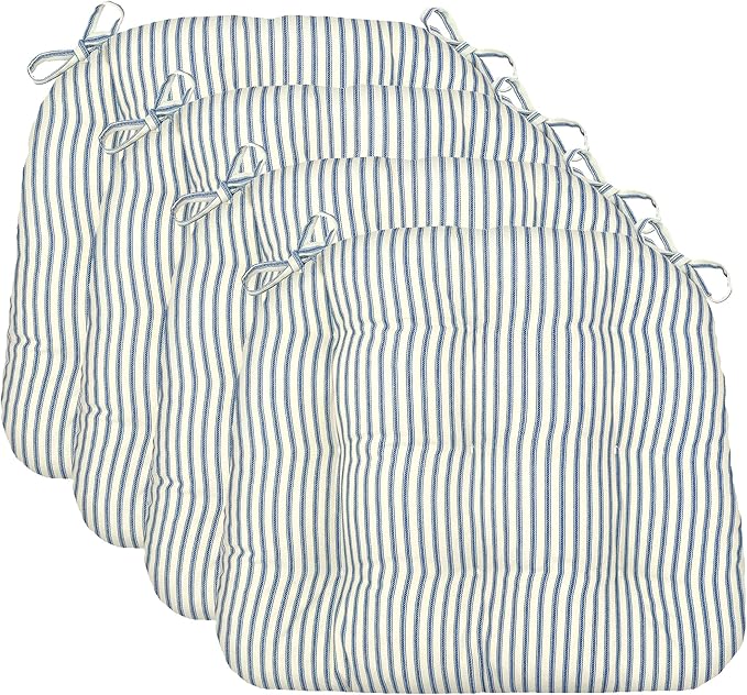 Barnett Home Decor Dining Chair Cushions with Ties, 16.5 x 18 Inches, Pack of 4 – Machine Washable, Made in USA with 100% Cotton and Latex Foam Fill for Comfortable Seating – Ticking Stripe Navy Blue
