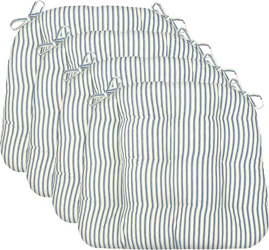 Barnett Home Decor Dining Chair Cushions with Ties, 16.5 x 18 Inches, Pack of 4 – Machine Washable, Made in USA with 100% Cotton and Latex Foam Fill for Comfortable Seating – Ticking Stripe Navy Blue