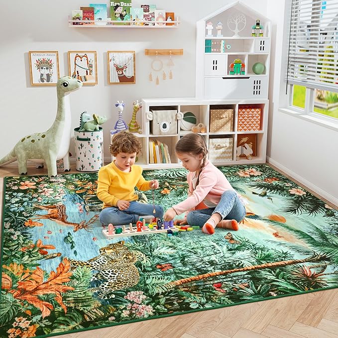 Amearea Jungle 8x10 Large Rugs for Living Room, Washable Green Area Rug 8 x 10 Forest Animal Rug, Low Pile Kids Nursery Room Rug, Soft Leopard Rugs Carpet for Boys Girls Playroom Dining Room Decor