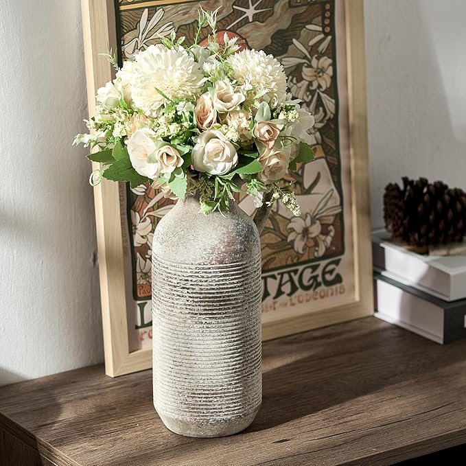 Ceramic Rustic Vase for Home Decor, Terracotta Vase with Handle, Handcrafted Vintage Decorative Flower Vase for Farmhouse, Living Room, Table, Fireplace, Nightstand - Natural Brown