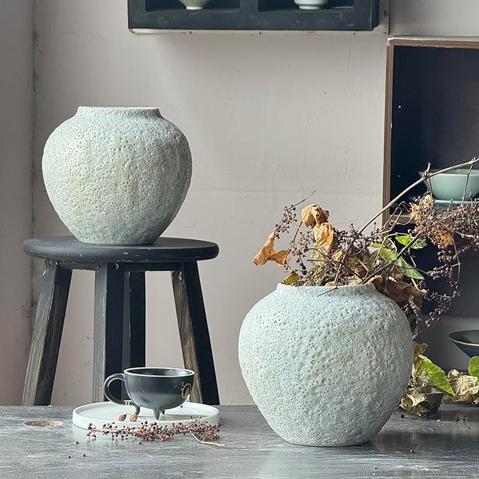 Denique Rustic Ceramic Tall Floor Vase, Vintage Farmhouse Decor - Large Terracotta Vases for Living Room Entryway Centerpiece (White-7.87inch Height)