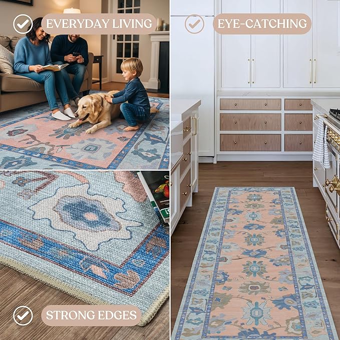 Fame Living Modern Oushak Rug, Vintage, Turkish, Eclectic, Floral, Pastel, Washable, Large Area Rugs for Living Room, Dining, Bedroom, Girls, Boys, 7'5"x9'8"